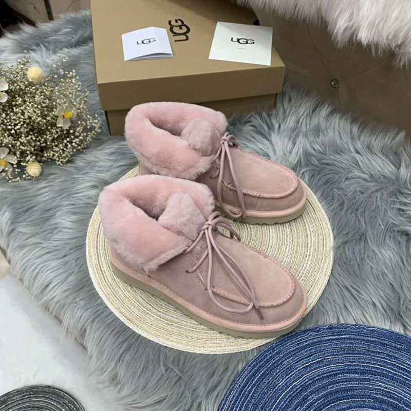 3090 Fluffy-Trim Lace-Up Ankle Boots – Pink