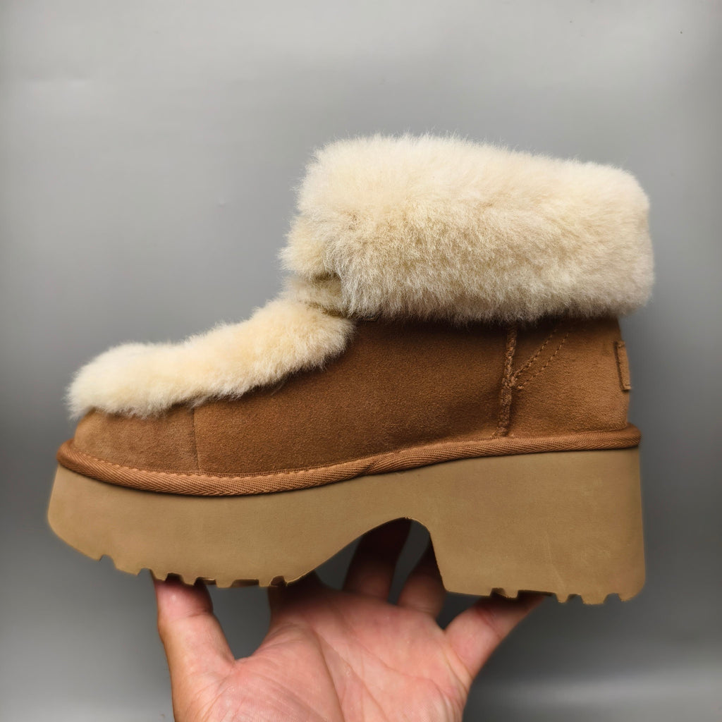 1532 Lace-Up Wedge Ankle Boots with Fluffy Trim – Chestnut