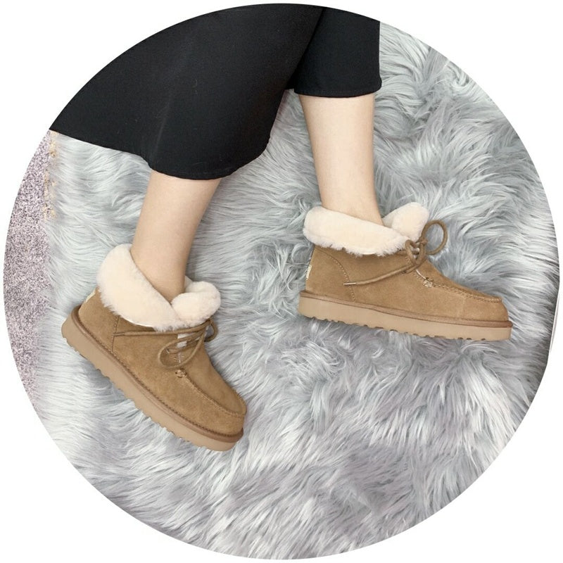 3090 Fluffy-Trim Lace-Up Ankle Boots – Chestnut