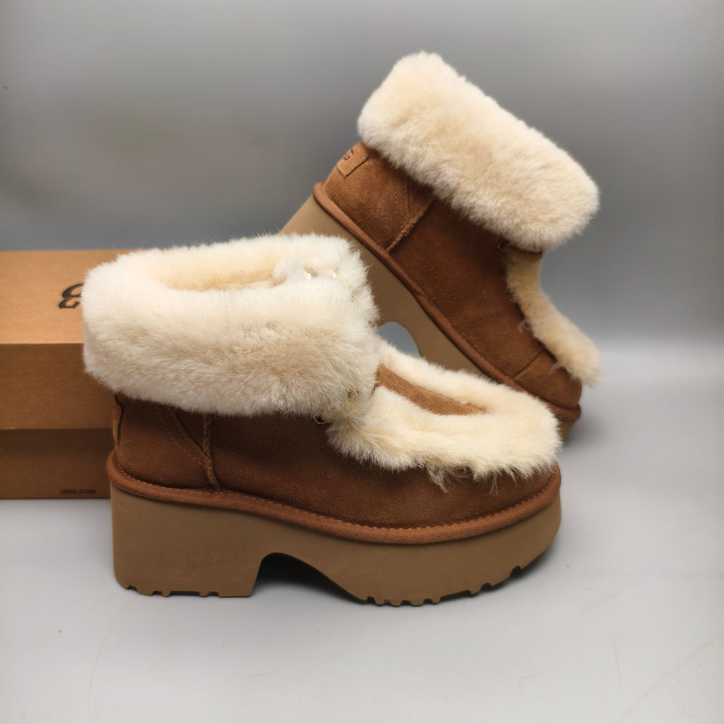 1532 Lace-Up Wedge Ankle Boots with Fluffy Trim – Chestnut