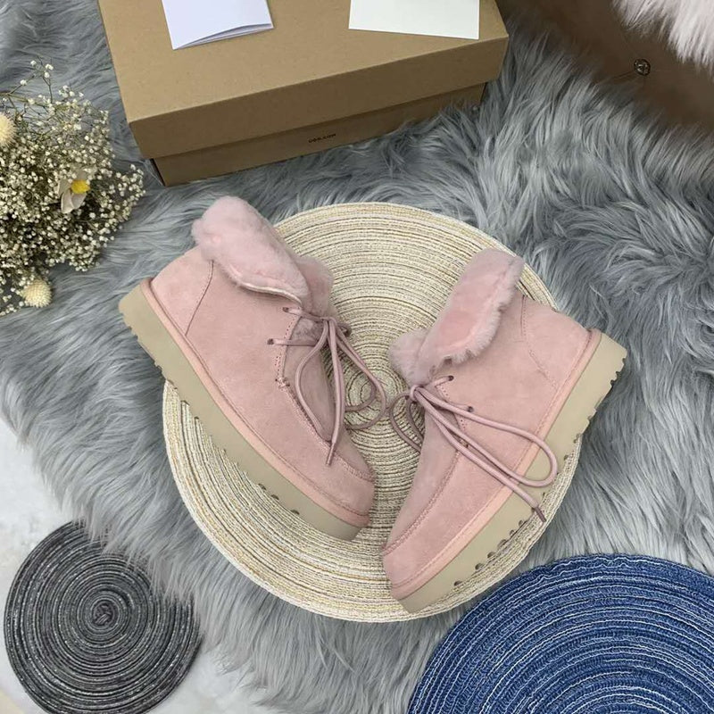 3090 Fluffy-Trim Lace-Up Ankle Boots – Pink