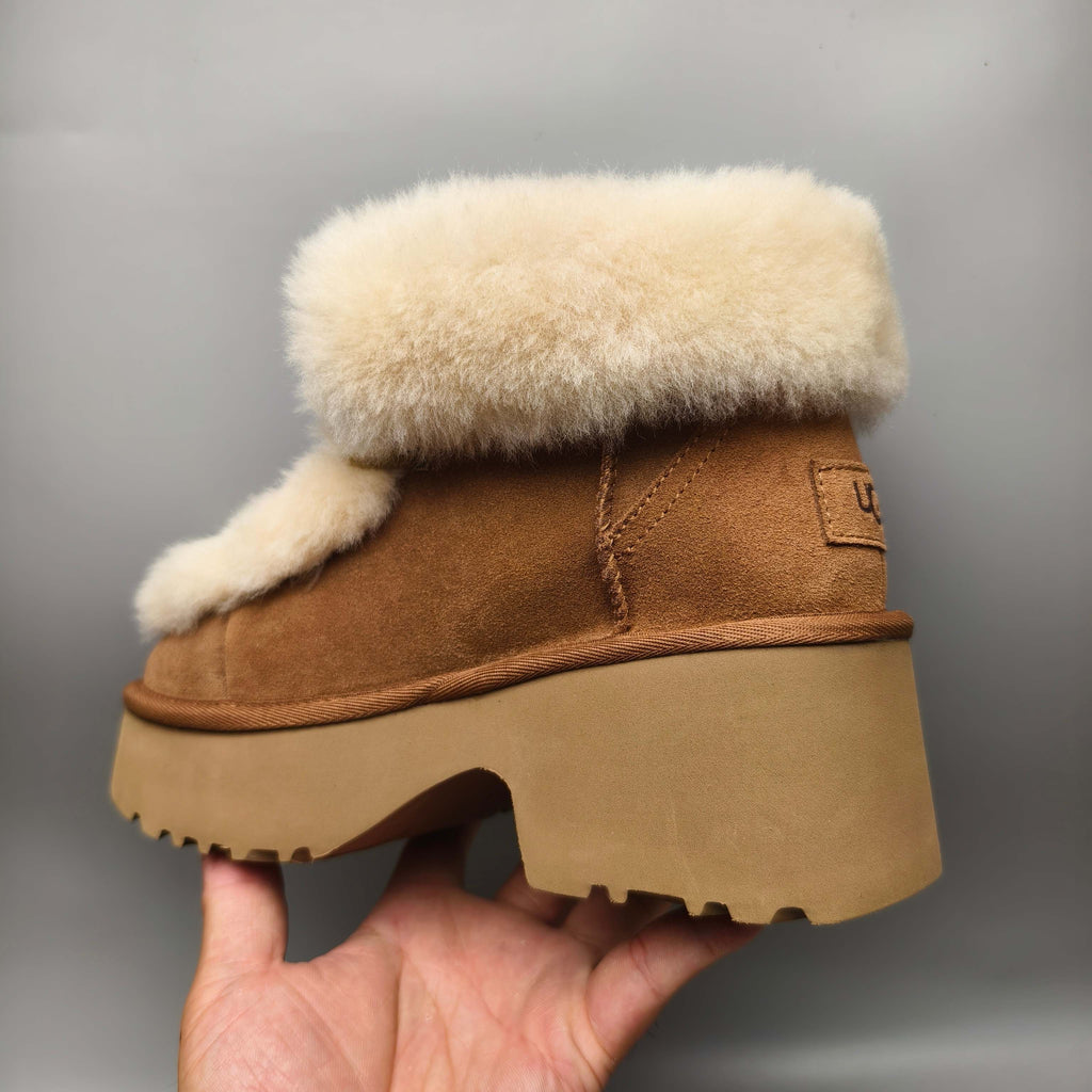 1532 Lace-Up Wedge Ankle Boots with Fluffy Trim – Chestnut