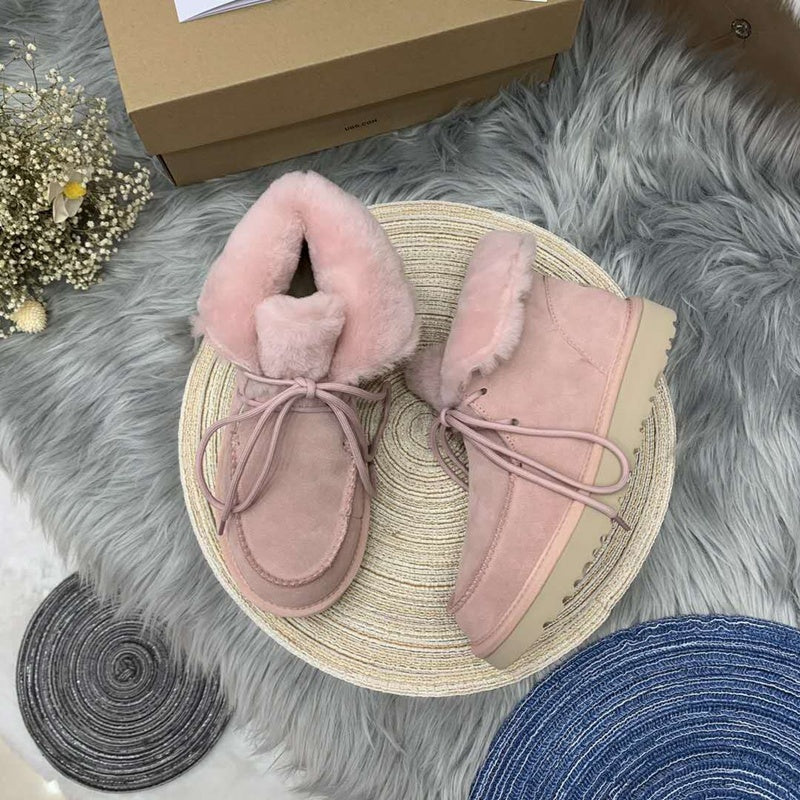 3090 Fluffy-Trim Lace-Up Ankle Boots – Pink