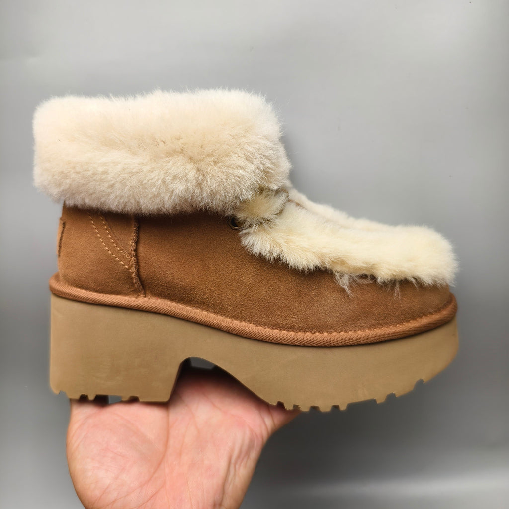 1532 Lace-Up Wedge Ankle Boots with Fluffy Trim – Chestnut