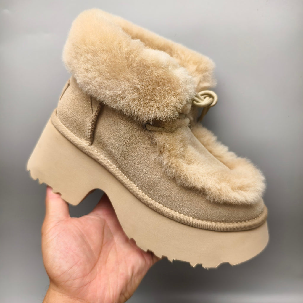 1532 Lace-Up Wedge Ankle Boots with Fluffy Trim – Mustard