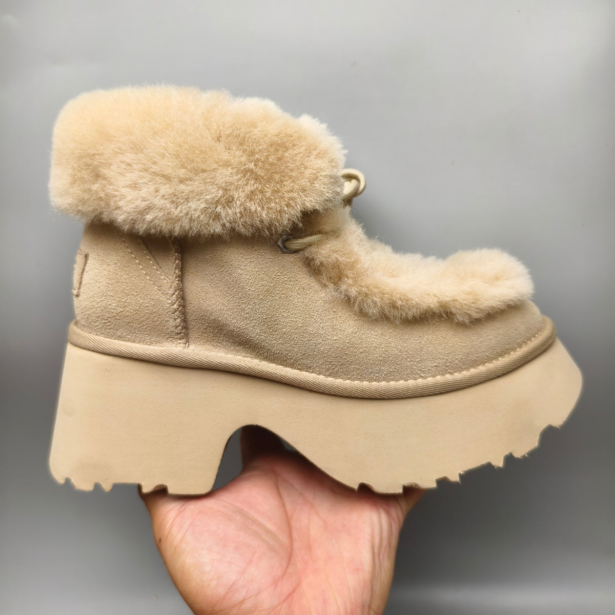 1532 Lace-Up Wedge Ankle Boots with Fluffy Trim – Mustard