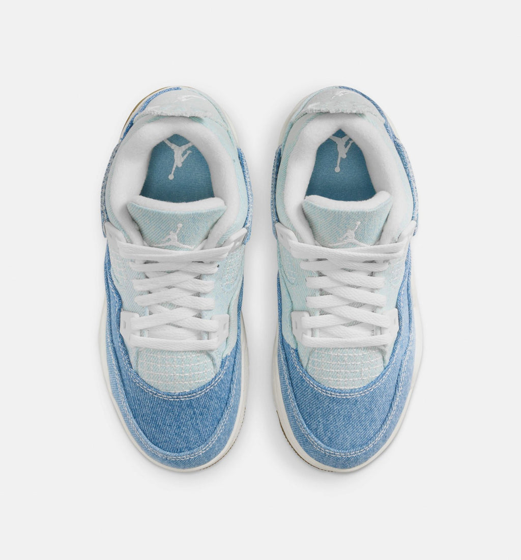 Air Jordan 4 Retro Worn Blue Preschool Lifestyle Shoe - Sail/Worn Blue/Metallic Gold