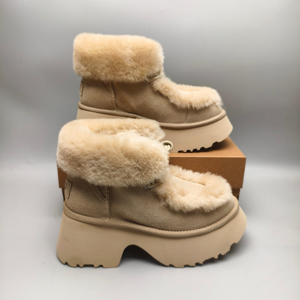 1532 Lace-Up Wedge Ankle Boots with Fluffy Trim – Mustard