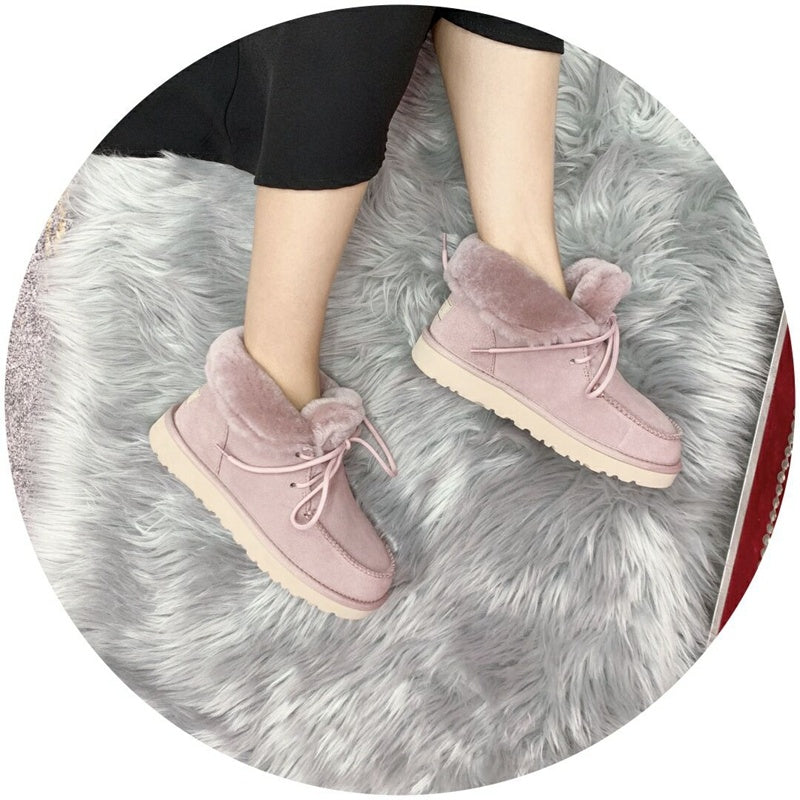 3090 Fluffy-Trim Lace-Up Ankle Boots – Pink