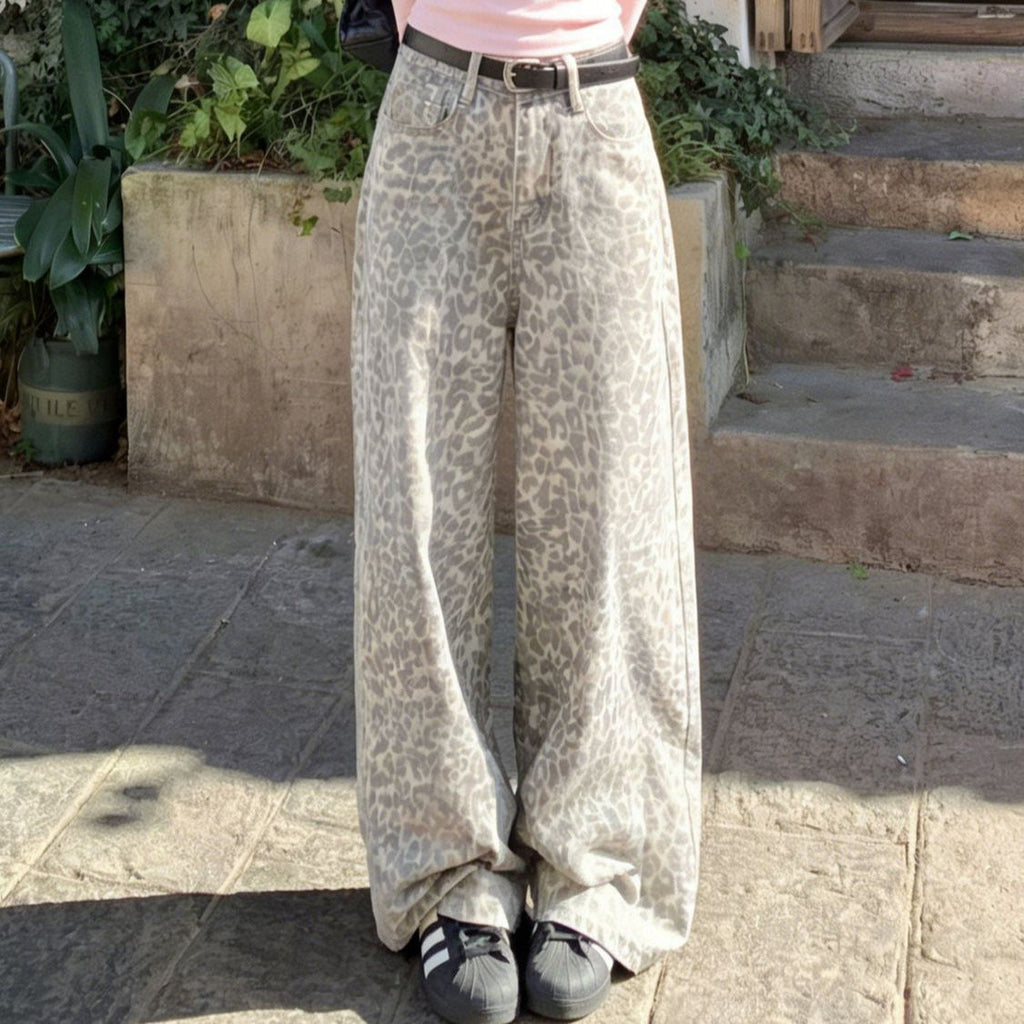 Milk Coffee Leopard Print High Waist Wide Leg Denim Jeans