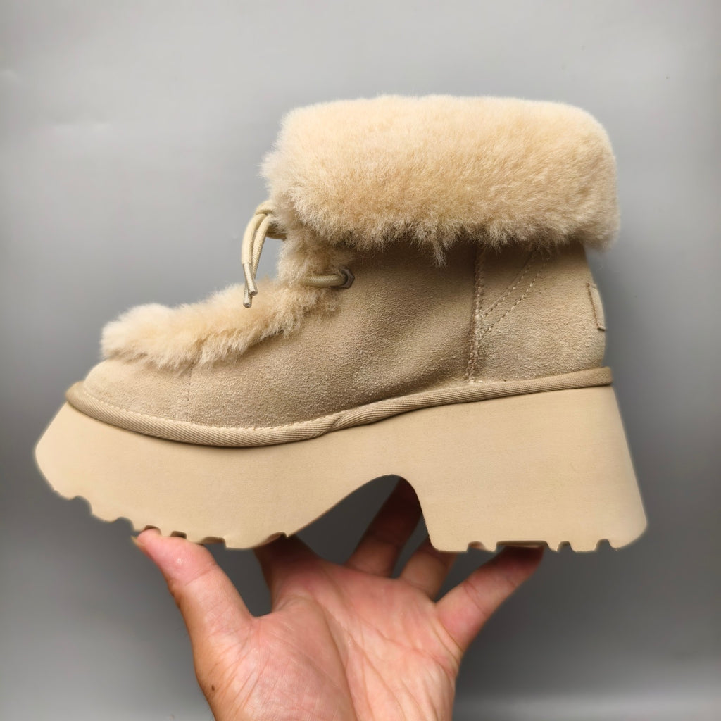 1532 Lace-Up Wedge Ankle Boots with Fluffy Trim – Mustard