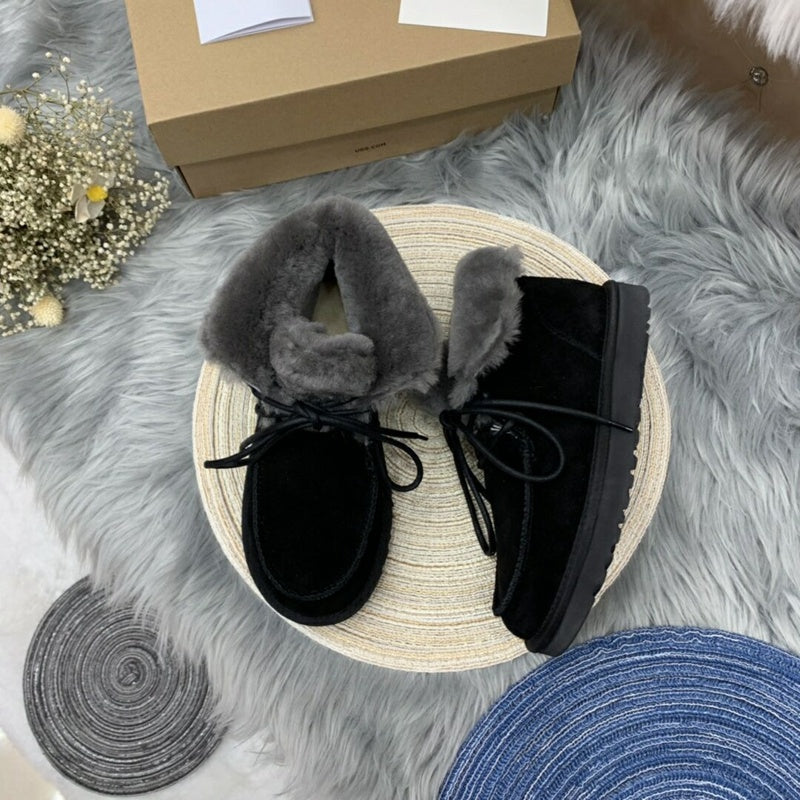 3090 Fluffy-Trim Lace-Up Ankle Boots – Black