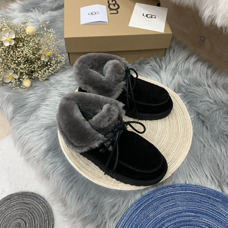 3090 Fluffy-Trim Lace-Up Ankle Boots – Black
