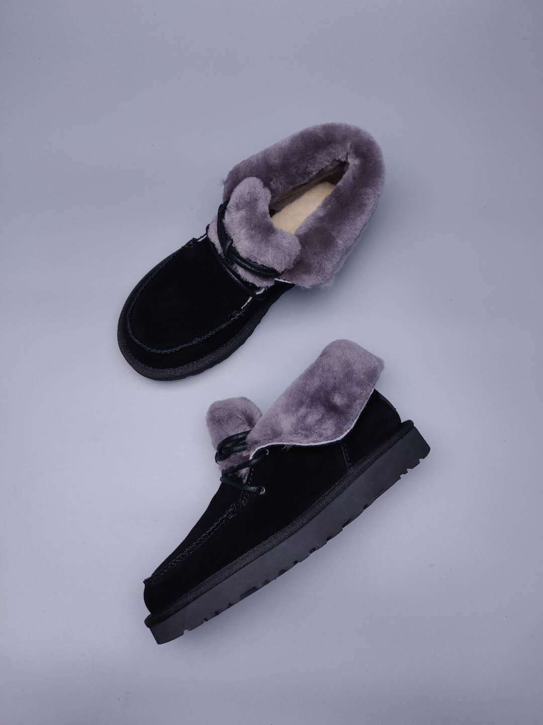 3090 Fluffy-Trim Lace-Up Ankle Boots – Black
