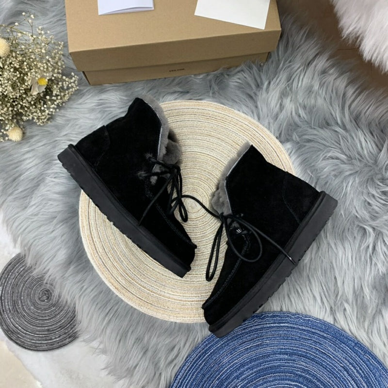 3090 Fluffy-Trim Lace-Up Ankle Boots – Black