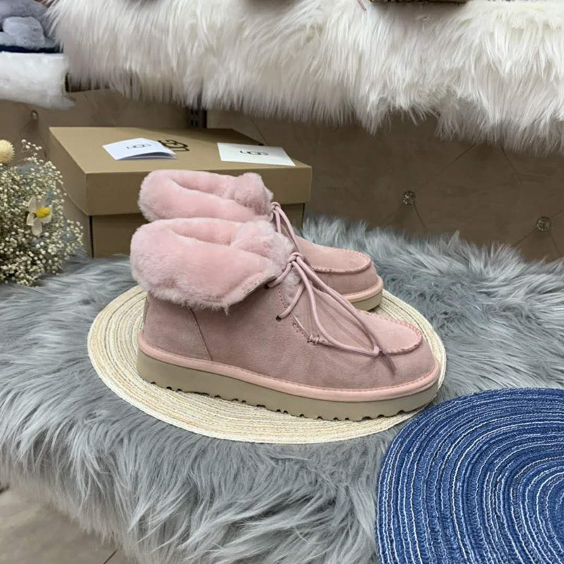 3090 Fluffy-Trim Lace-Up Ankle Boots – Pink