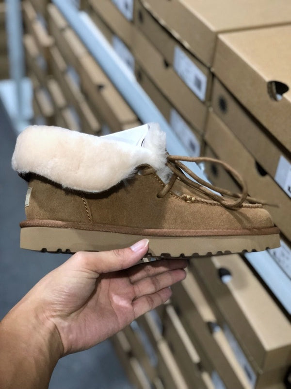 3090 Fluffy-Trim Lace-Up Ankle Boots – Chestnut