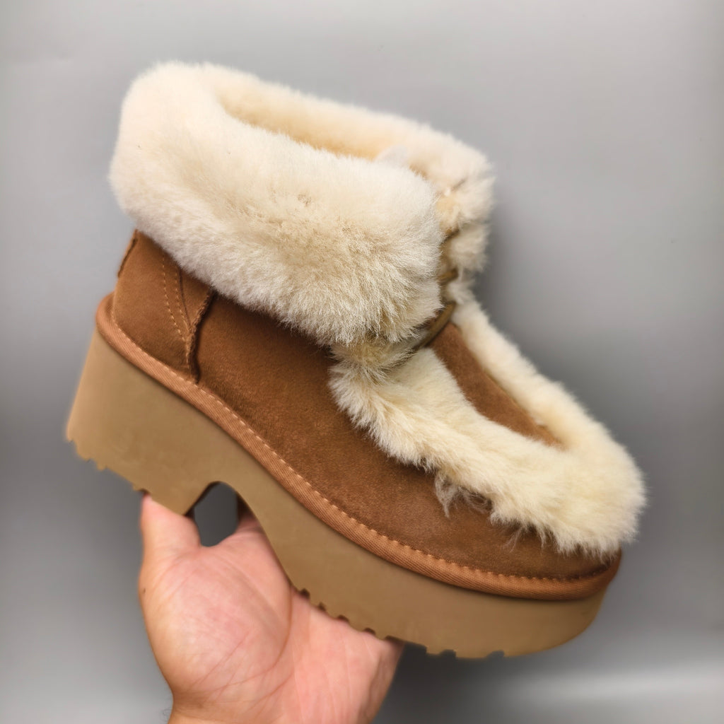 1532 Lace-Up Wedge Ankle Boots with Fluffy Trim – Chestnut