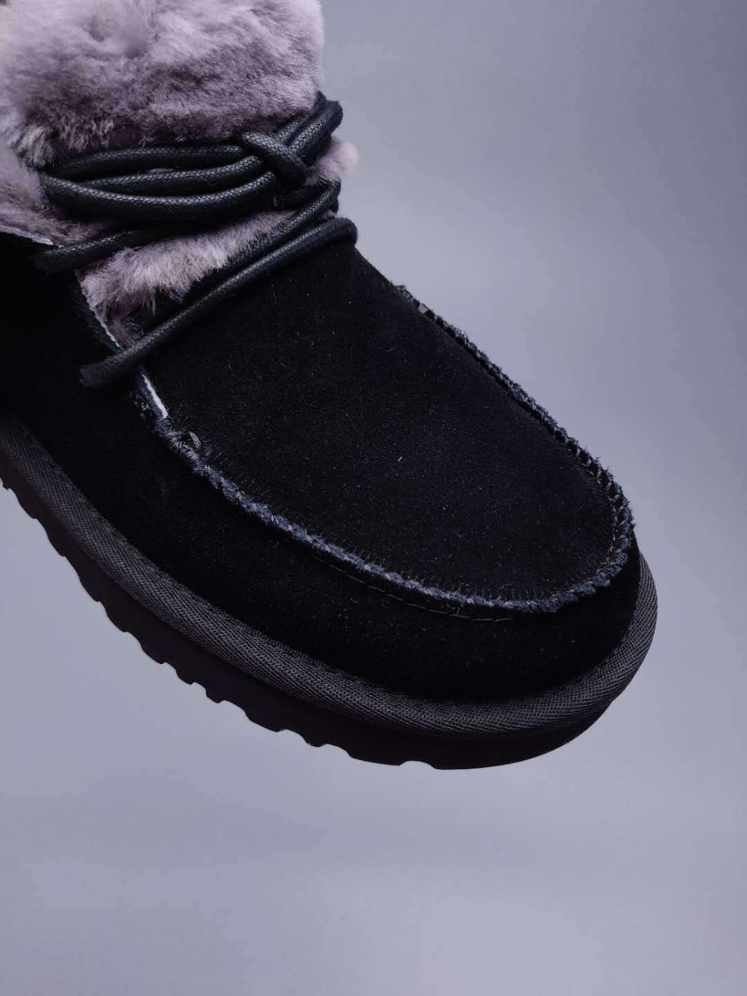 3090 Fluffy-Trim Lace-Up Ankle Boots – Black