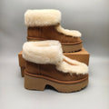 1532 Lace-Up Wedge Ankle Boots with Fluffy Trim – Chestnut