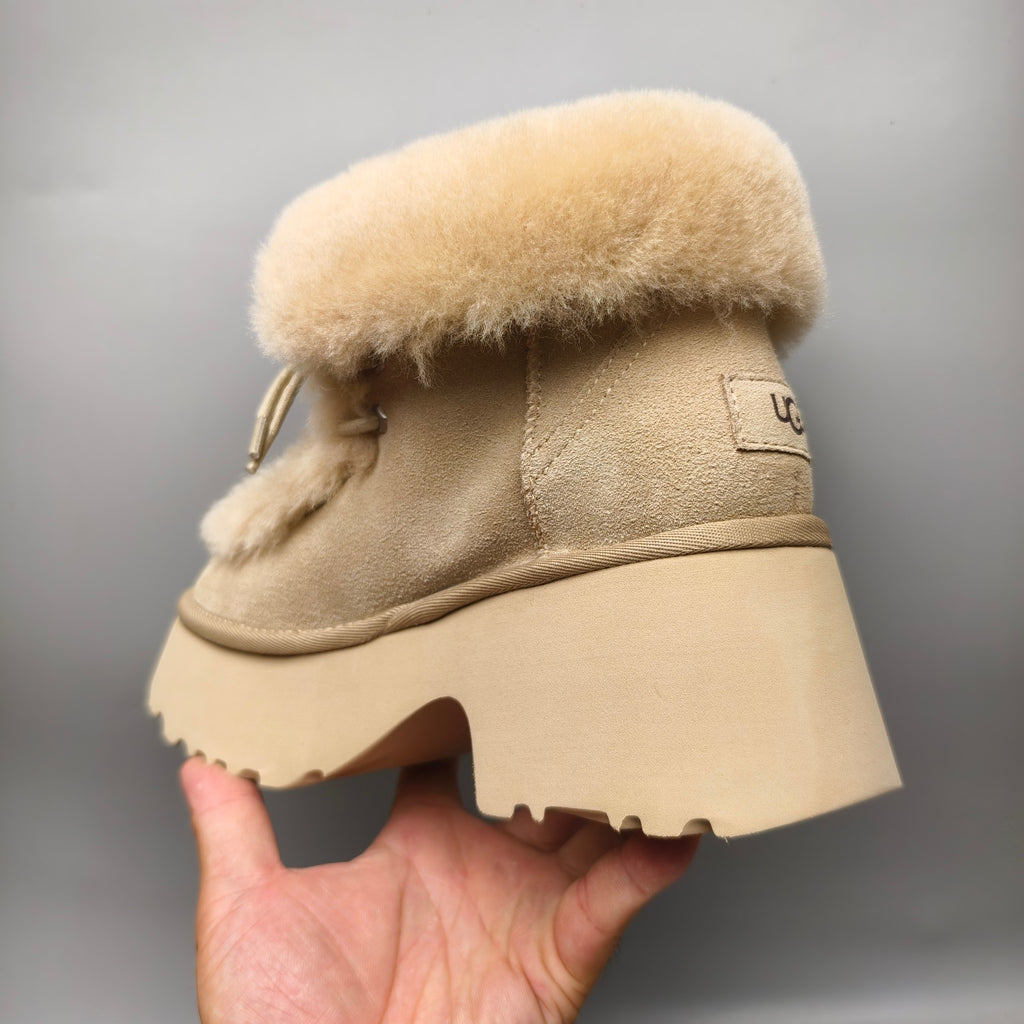 1532 Lace-Up Wedge Ankle Boots with Fluffy Trim – Mustard