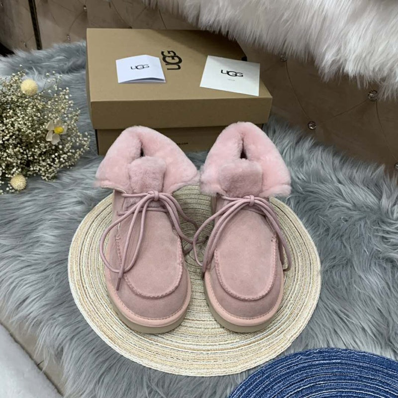 3090 Fluffy-Trim Lace-Up Ankle Boots – Pink