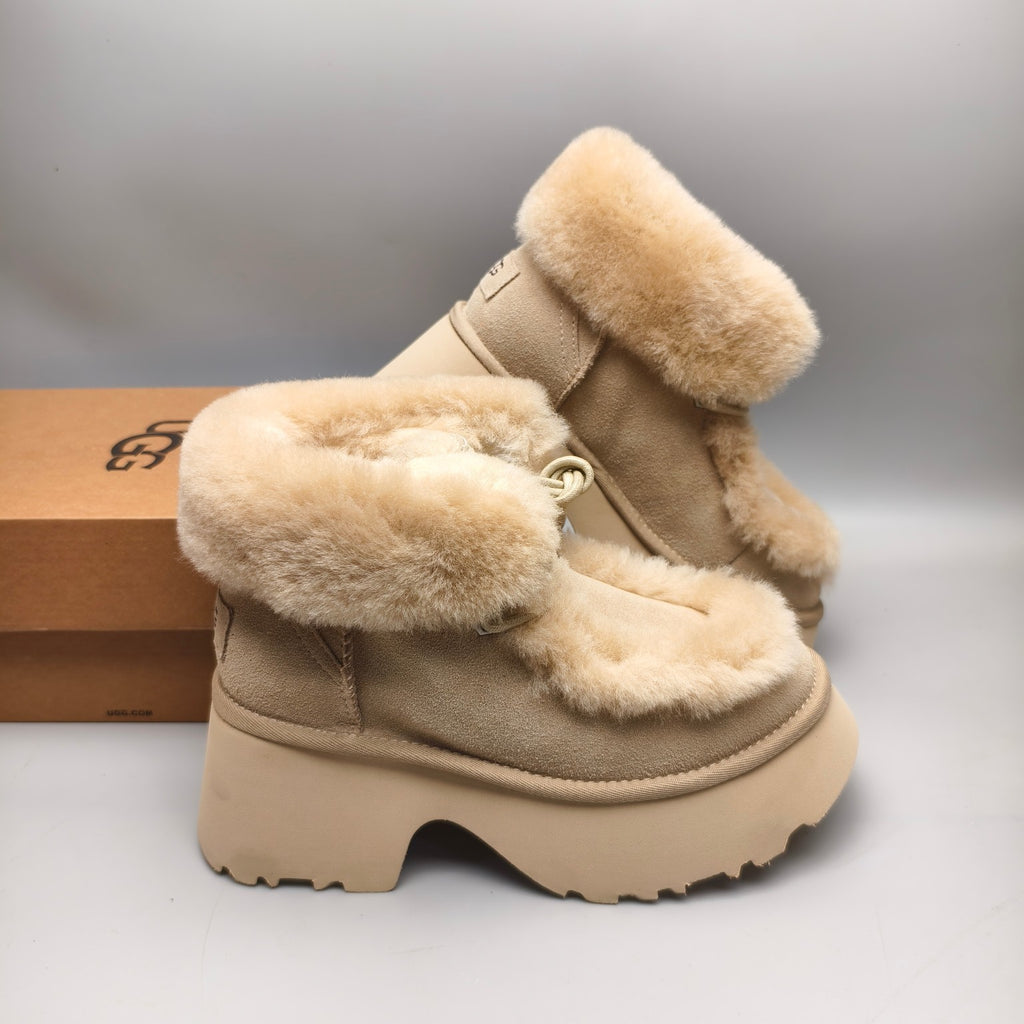 1532 Lace-Up Wedge Ankle Boots with Fluffy Trim – Mustard