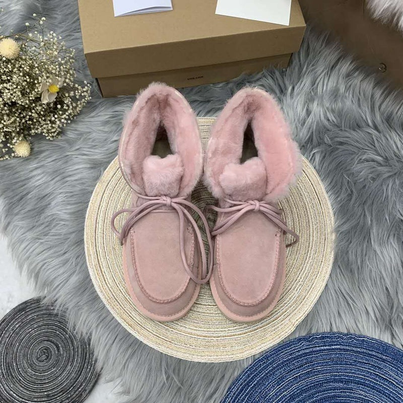 3090 Fluffy-Trim Lace-Up Ankle Boots – Pink