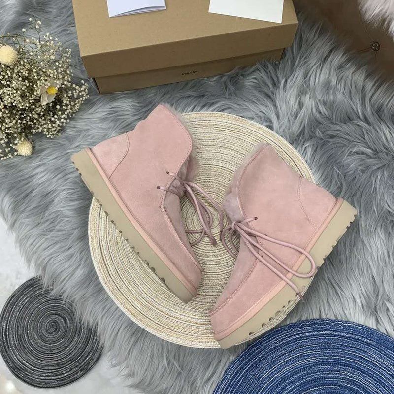 3090 Fluffy-Trim Lace-Up Ankle Boots – Pink
