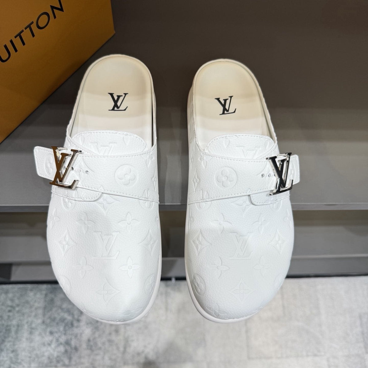 Louis Vuitton White Embossed Slide Sandals