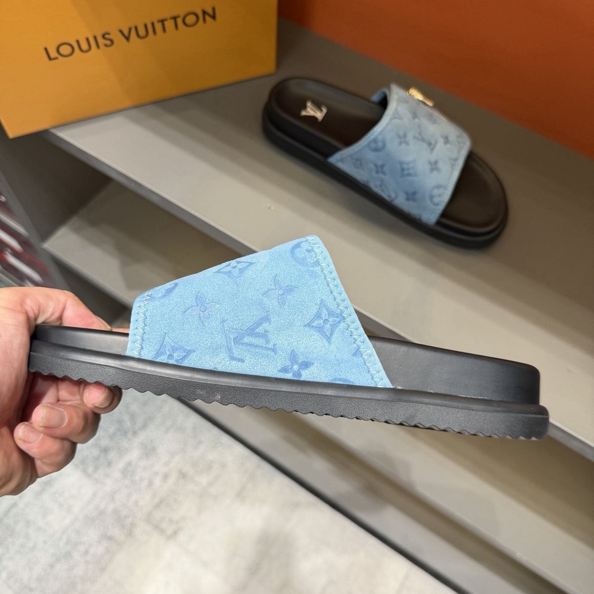 Louis Vuitton Light Blue Zip-Accent Slide Sandals