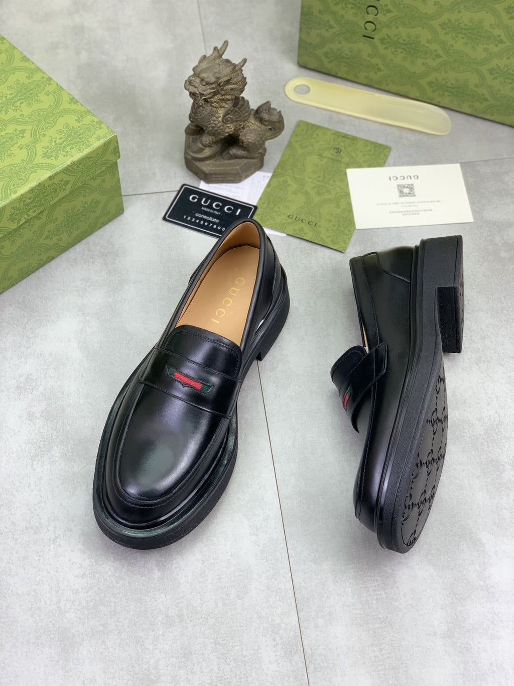 Gucci Black Loafers with Red and Green Accent