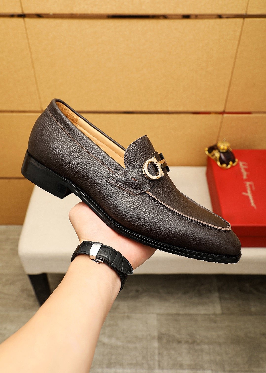 Ferragamo Men's Pebble Leather Buckle Loafers